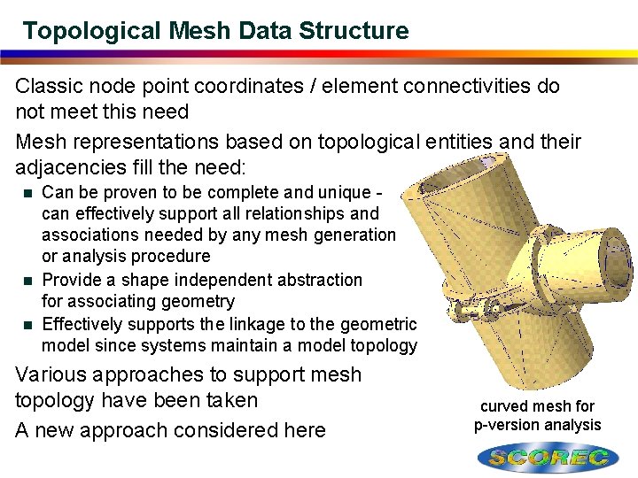 Topological Mesh Data Structure Classic node point coordinates / element connectivities do not meet