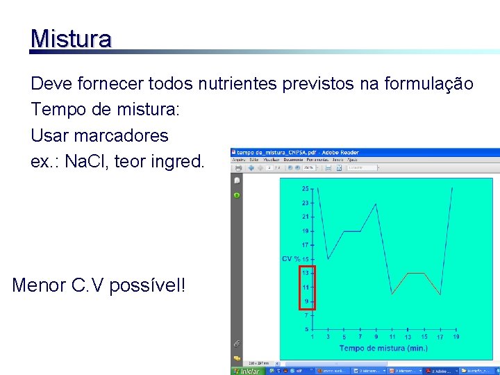 Mistura Deve fornecer todos nutrientes previstos na formulação Tempo de mistura: Usar marcadores ex.