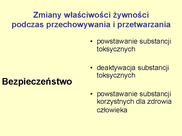 Zmiany właściwości żywności podczas przechowywania i przetwarzania • powstawanie substancji toksycznych Bezpieczeństwo • deaktywacja Zmiany właściwości żywności podczas przechowywania i przetwarzania • powstawanie substancji toksycznych Bezpieczeństwo • deaktywacja