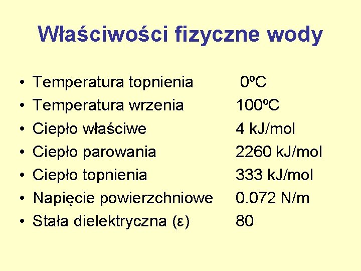 Właściwości fizyczne wody • • Temperatura topnienia Temperatura wrzenia Ciepło właściwe Ciepło parowania Ciepło