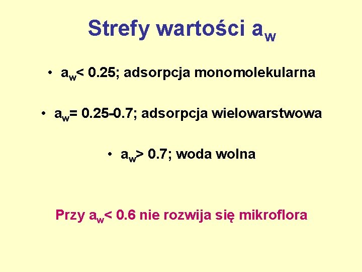 Strefy wartości aw • aw< 0. 25; adsorpcja monomolekularna • aw= 0. 25 -0.