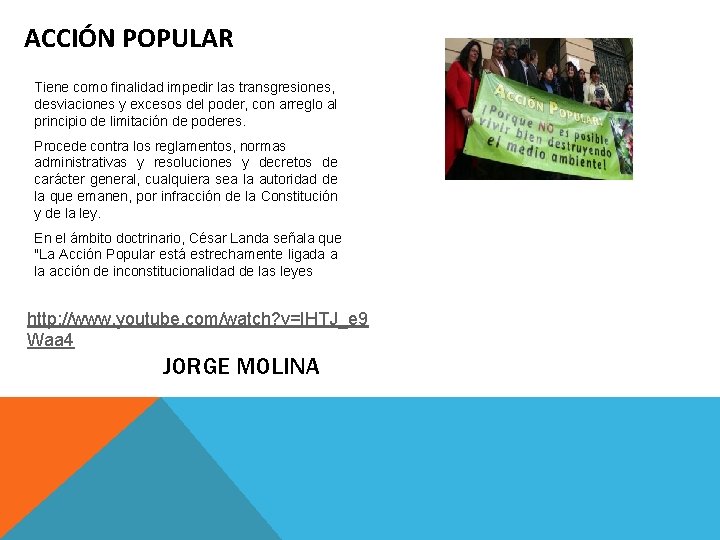 ACCIÓN POPULAR Tiene como finalidad impedir las transgresiones, desviaciones y excesos del poder, con