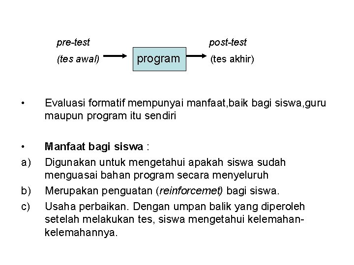 pre-test (tes awal) post-test program (tes akhir) • Evaluasi formatif mempunyai manfaat, baik bagi