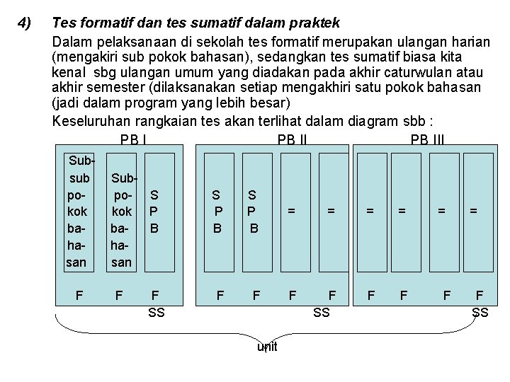 4) Tes formatif dan tes sumatif dalam praktek Dalam pelaksanaan di sekolah tes formatif