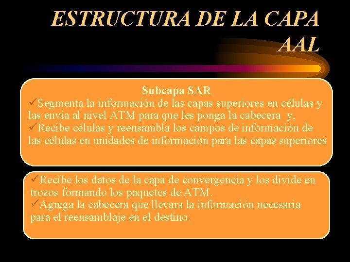 ESTRUCTURA DE LA CAPA AAL Subcapa SAR üSegmenta la información de las capas superiores