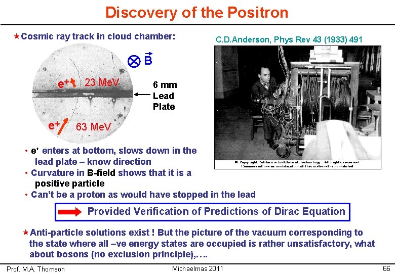 Discovery of the Positron «Cosmic ray track in cloud chamber: C. D. Anderson, Phys