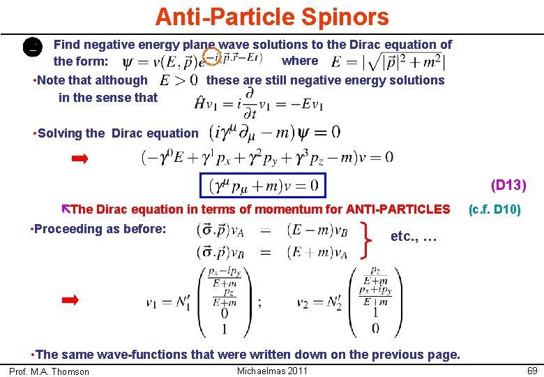 Anti-Particle Spinors Find negative energy plane wave solutions to the Dirac equation of where
