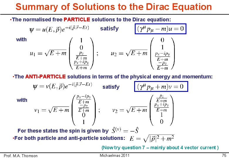 Summary of Solutions to the Dirac Equation • The normalised free PARTICLE solutions to
