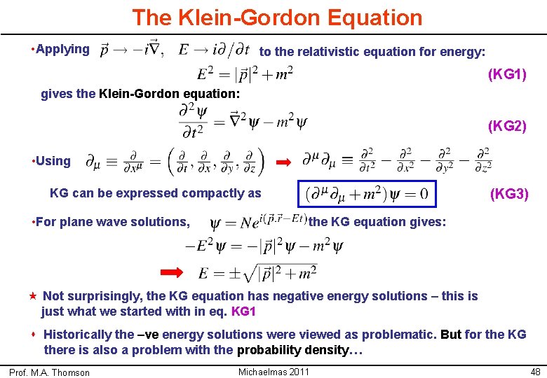 The Klein-Gordon Equation • Applying to the relativistic equation for energy: (KG 1) gives