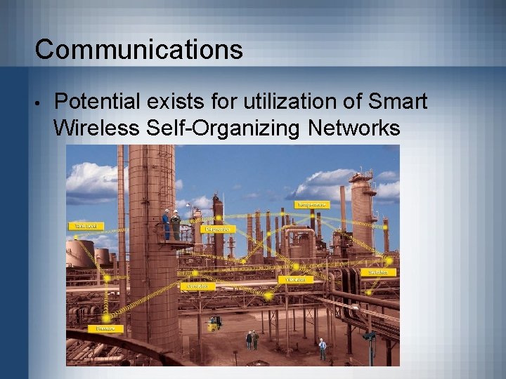 Communications • Potential exists for utilization of Smart Wireless Self-Organizing Networks 