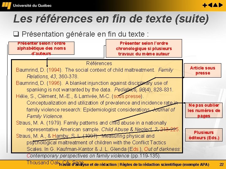 Les références en fin de texte (suite) q Présentation générale en fin du texte