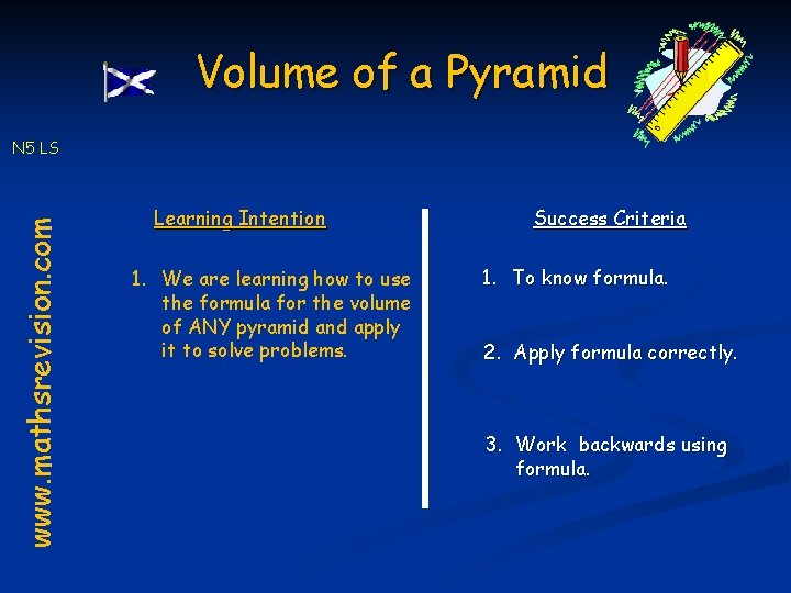Volume of a Pyramid www. mathsrevision. com N 5 LS Learning Intention 1. We