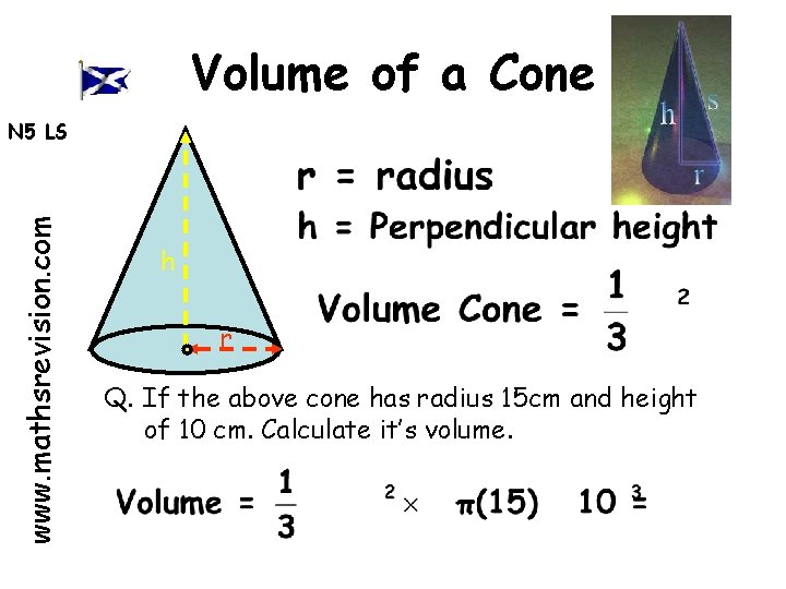 Volume of a Cone www. mathsrevision. com N 5 LS h r Q. If
