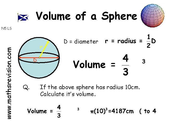 Volume of a Sphere www. mathsrevision. com N 5 LS r D = diameter