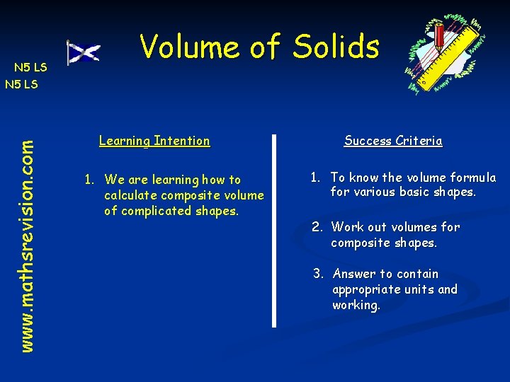 N 5 LS Volume of Solids www. mathsrevision. com N 5 LS Learning Intention