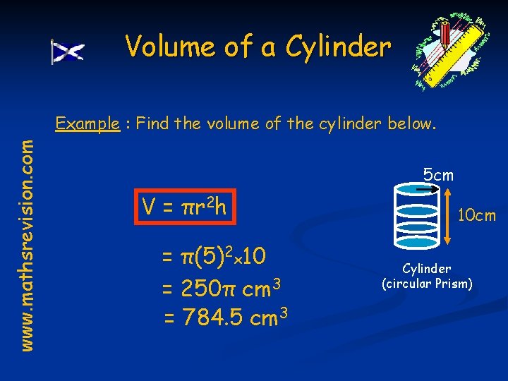 Volume of a Cylinder www. mathsrevision. com Example : Find the volume of the