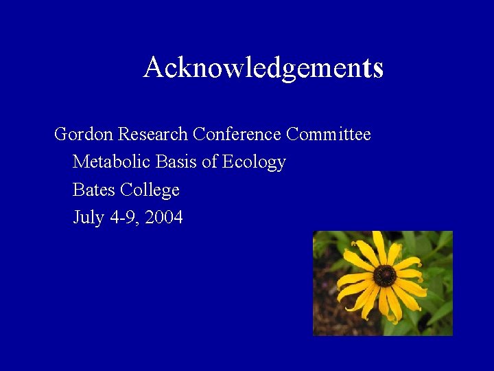 Acknowledgements Gordon Research Conference Committee Metabolic Basis of Ecology Bates College July 4 -9, Acknowledgements Gordon Research Conference Committee Metabolic Basis of Ecology Bates College July 4 -9,