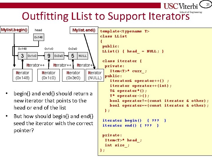 31 Outfitting LList to Support Iterators Mylist. begin() Mylist. end() head 0 x 148