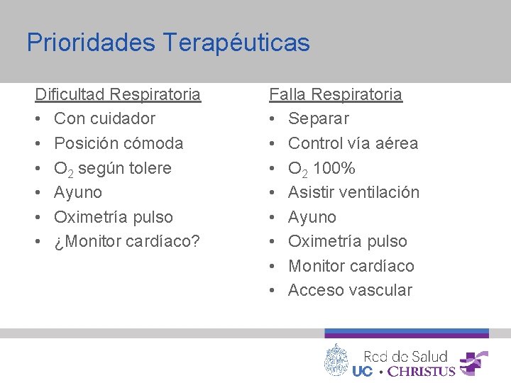 Prioridades Terapéuticas Dificultad Respiratoria • Con cuidador • Posición cómoda • O 2 según