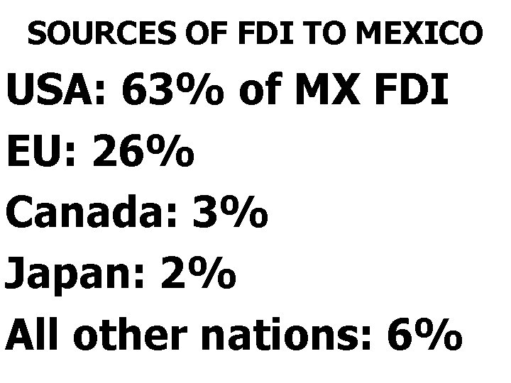 SOURCES OF FDI TO MEXICO USA: 63% of MX FDI EU: 26% Canada: 3%
