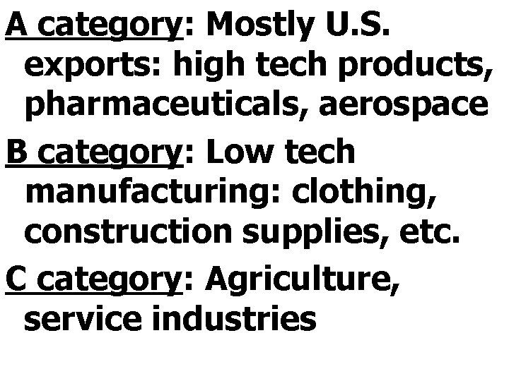 A category: Mostly U. S. exports: high tech products, pharmaceuticals, aerospace B category: Low