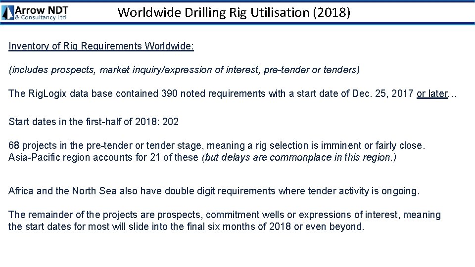 Worldwide Drilling Rig Utilisation (2018) Inventory of Rig Requirements Worldwide: (includes prospects, market inquiry/expression