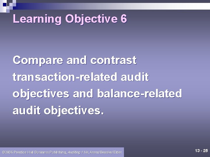 Learning Objective 6 Compare and contrast transaction-related audit objectives and balance-related audit objectives. ©