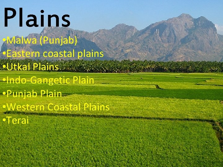 Plains • Malwa (Punjab) • Eastern coastal plains • Utkal Plains • Indo-Gangetic Plain