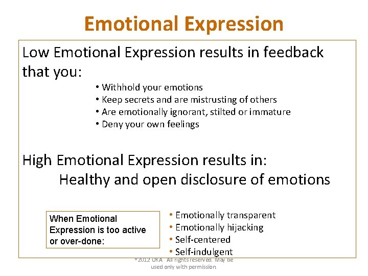 Emotional Expression Low Emotional Expression results in feedback that you: • Withhold your emotions