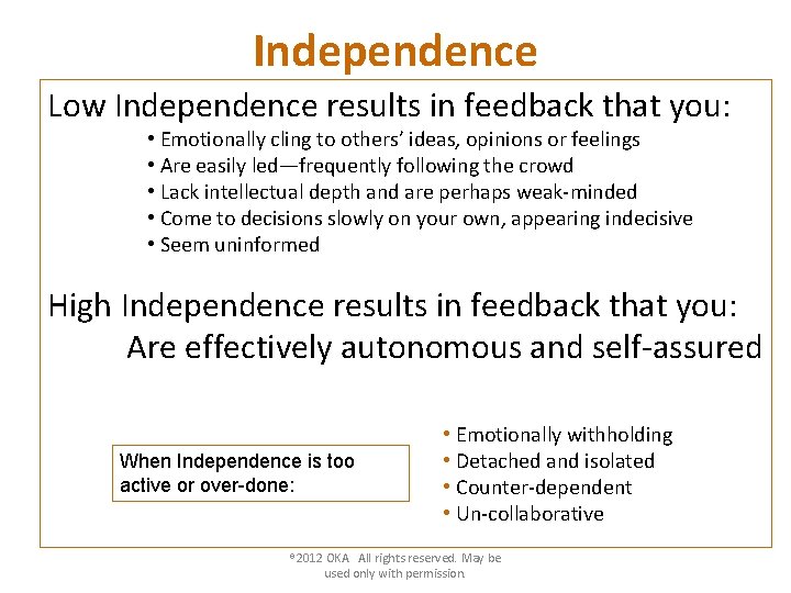 Independence Low Independence results in feedback that you: • Emotionally cling to others’ ideas,