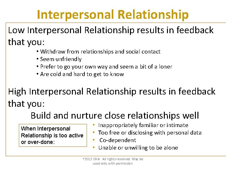 Interpersonal Relationship Low Interpersonal Relationship results in feedback that you: • Withdraw from relationships