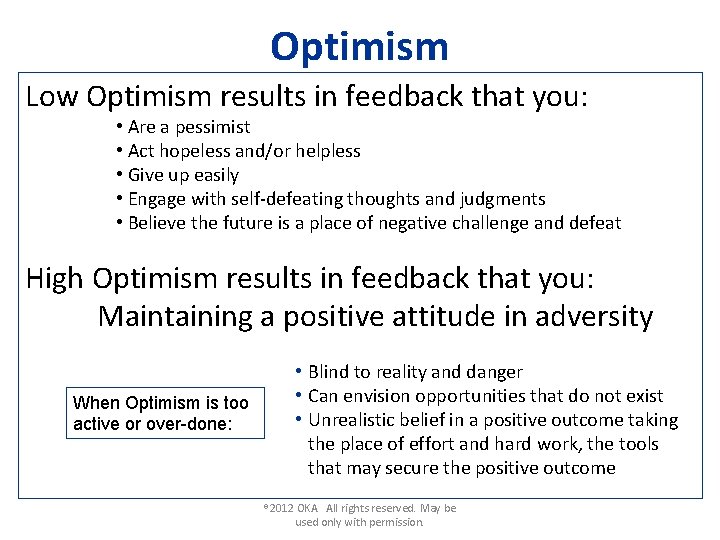 Optimism Low Optimism results in feedback that you: • Are a pessimist • Act