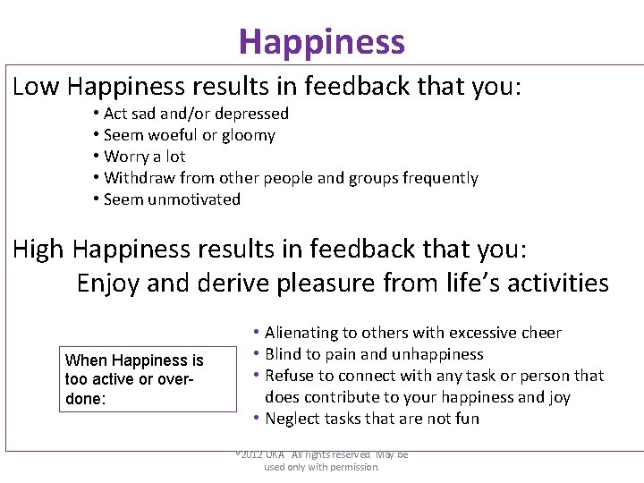 Happiness Low Happiness results in feedback that you: • Act sad and/or depressed •