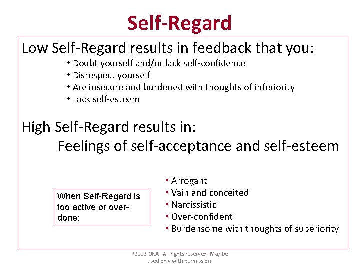 Self-Regard Low Self-Regard results in feedback that you: • Doubt yourself and/or lack self-confidence