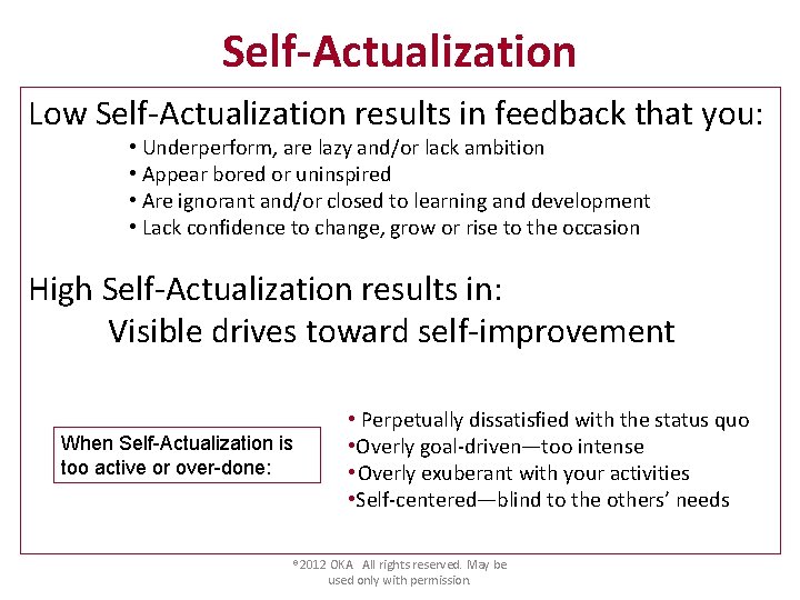 Self-Actualization Low Self-Actualization results in feedback that you: • Underperform, are lazy and/or lack
