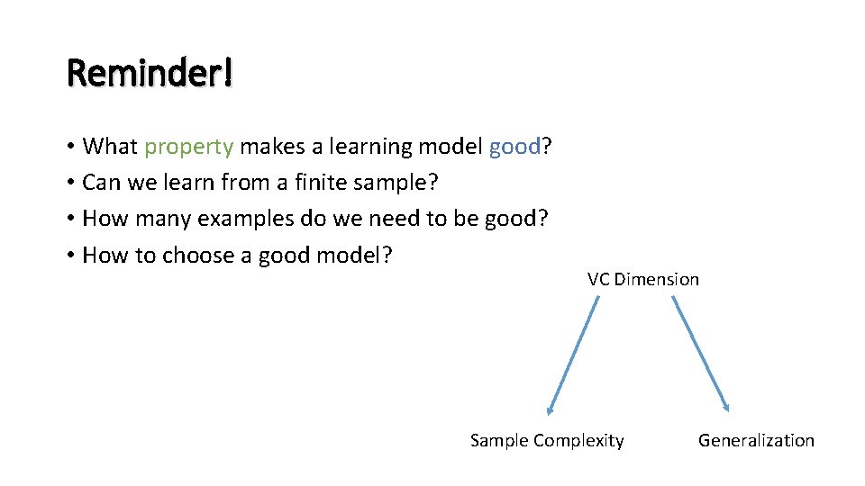 Reminder! • What property makes a learning model good? • Can we learn from