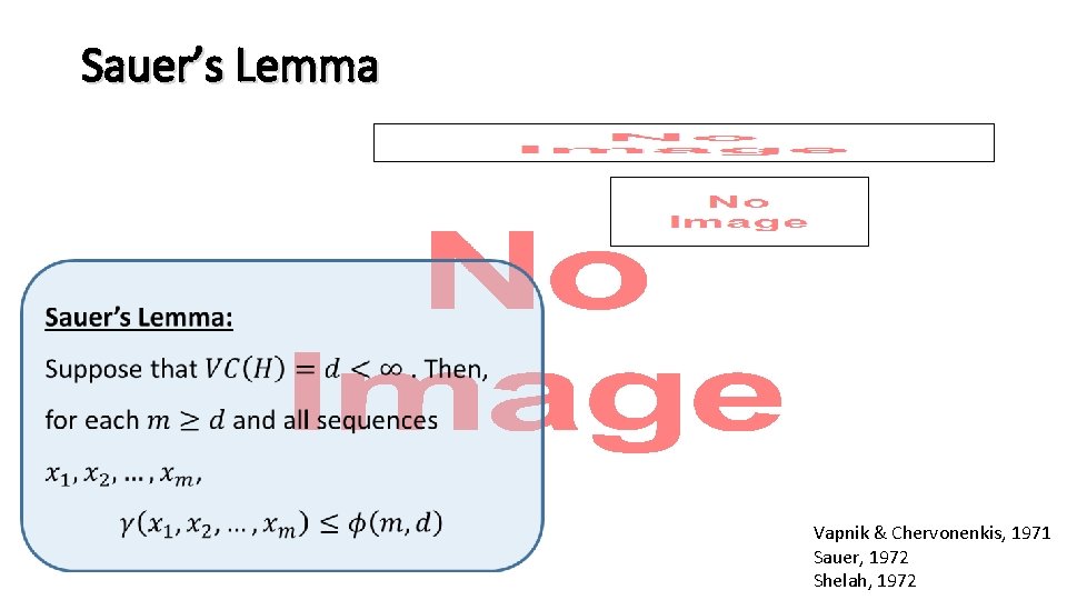 Sauer’s Lemma • Vapnik & Chervonenkis, 1971 Sauer, 1972 Shelah, 1972 