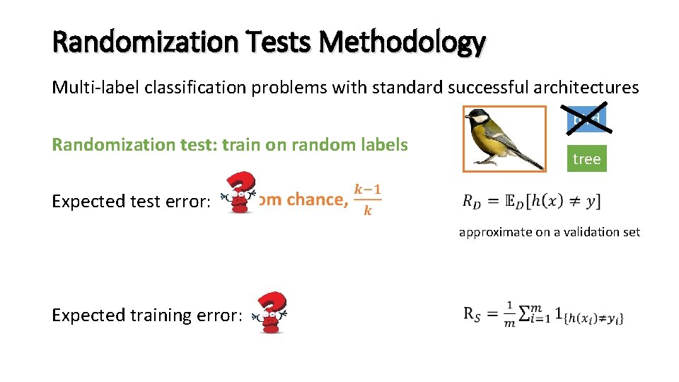 Randomization Tests Methodology Multi-label classification problems with standard successful architectures bird Randomization test: train