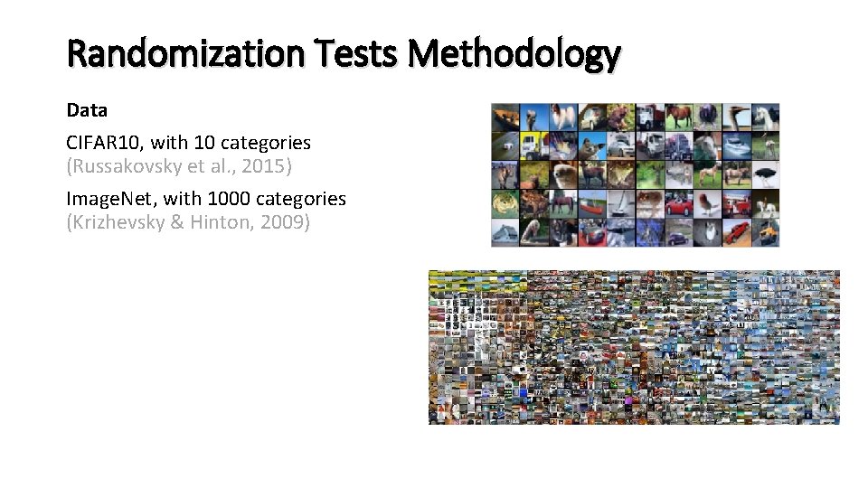 Randomization Tests Methodology Data CIFAR 10, with 10 categories (Russakovsky et al. , 2015)