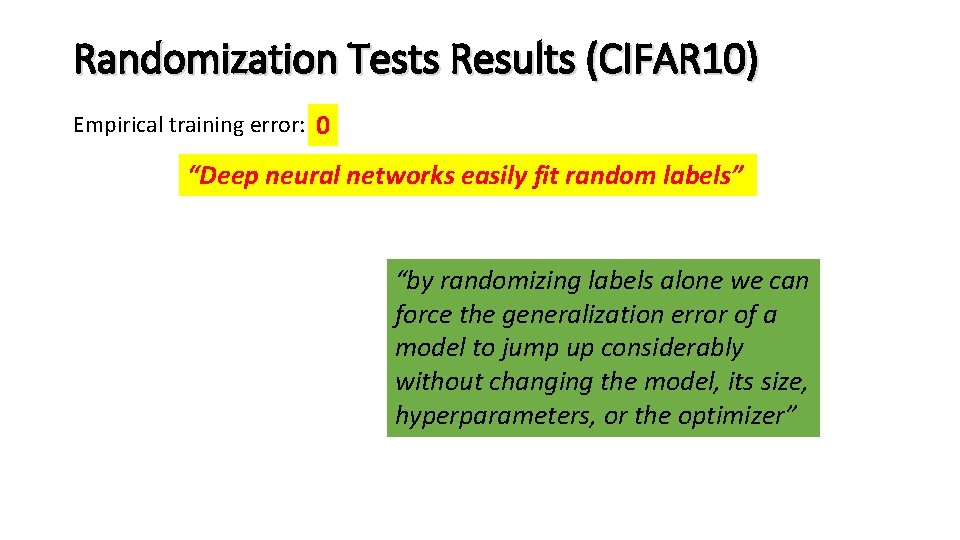 Randomization Tests Results (CIFAR 10) Empirical training error: 0 “Deep neural networks easily fit