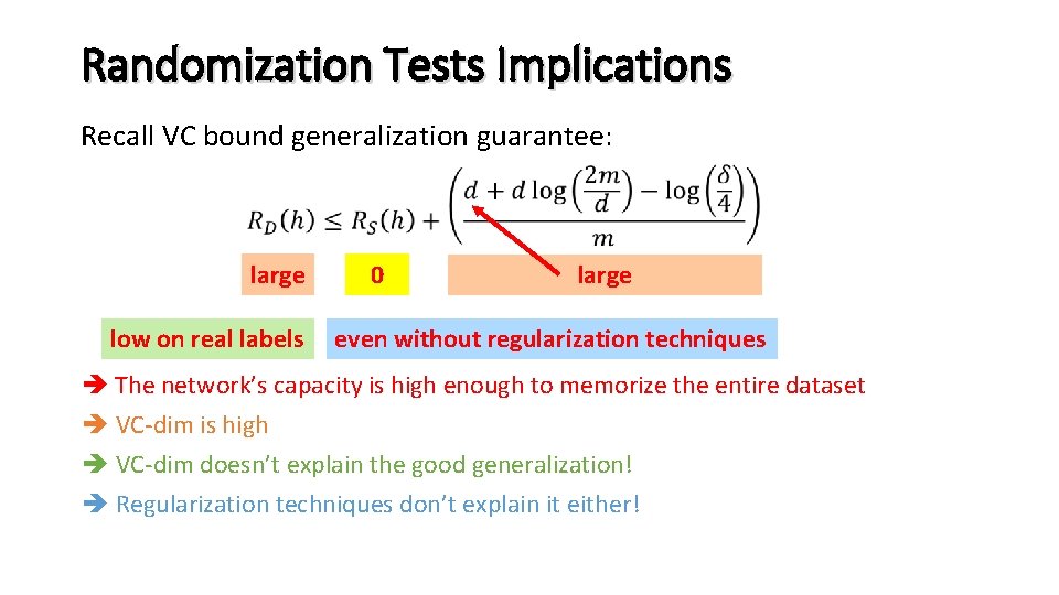 Randomization Tests Implications Recall VC bound generalization guarantee: large low on real labels 0