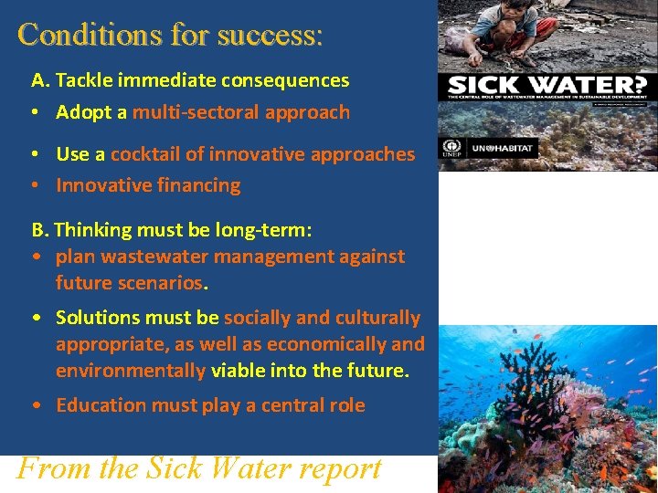 Conditions for success: A. Tackle immediate consequences • Adopt a multi-sectoral approach • Use