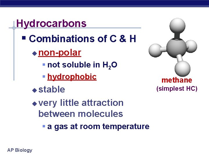Hydrocarbons § Combinations of C & H u non-polar § not soluble in H