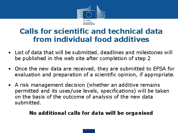 Calls for scientific and technical data from individual food additives • List of data