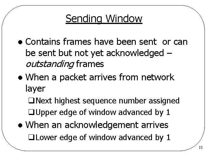 Sending Window Contains frames have been sent or can be sent but not yet Sending Window Contains frames have been sent or can be sent but not yet