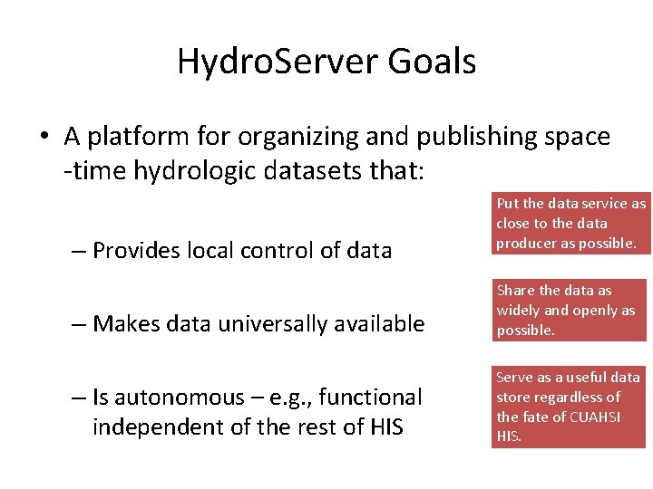 Hydro. Server Goals • A platform for organizing and publishing space -time hydrologic datasets