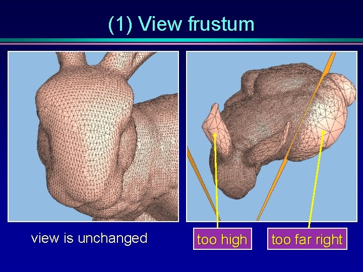 (1) View frustum view is unchanged too high too far right 