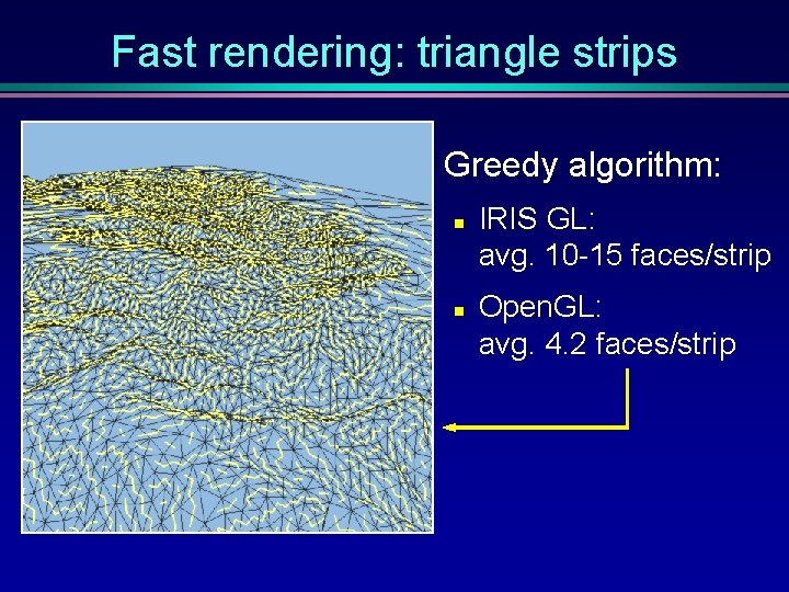 Fast rendering: triangle strips Greedy algorithm: n n IRIS GL: avg. 10 -15 faces/strip