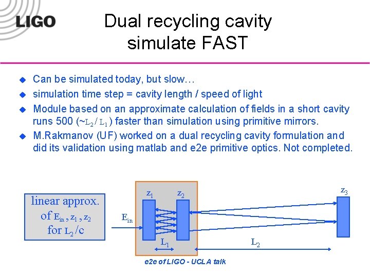 Dual recycling cavity simulate FAST u u Can be simulated today, but slow… simulation