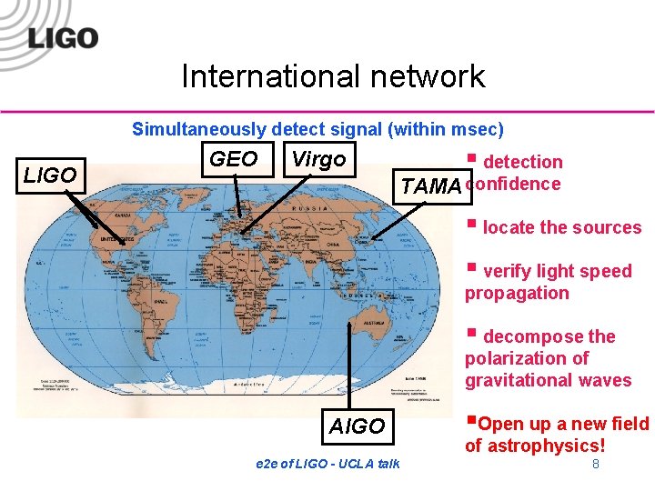 International network Simultaneously detect signal (within msec) LIGO GEO Virgo § detection TAMA confidence